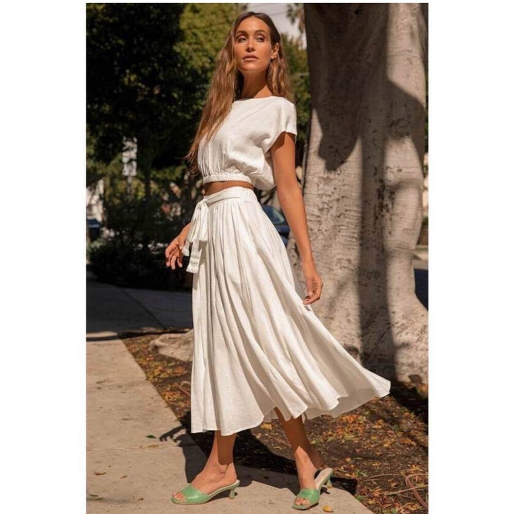 Lulu's White Midi Skirt with Tie Waist